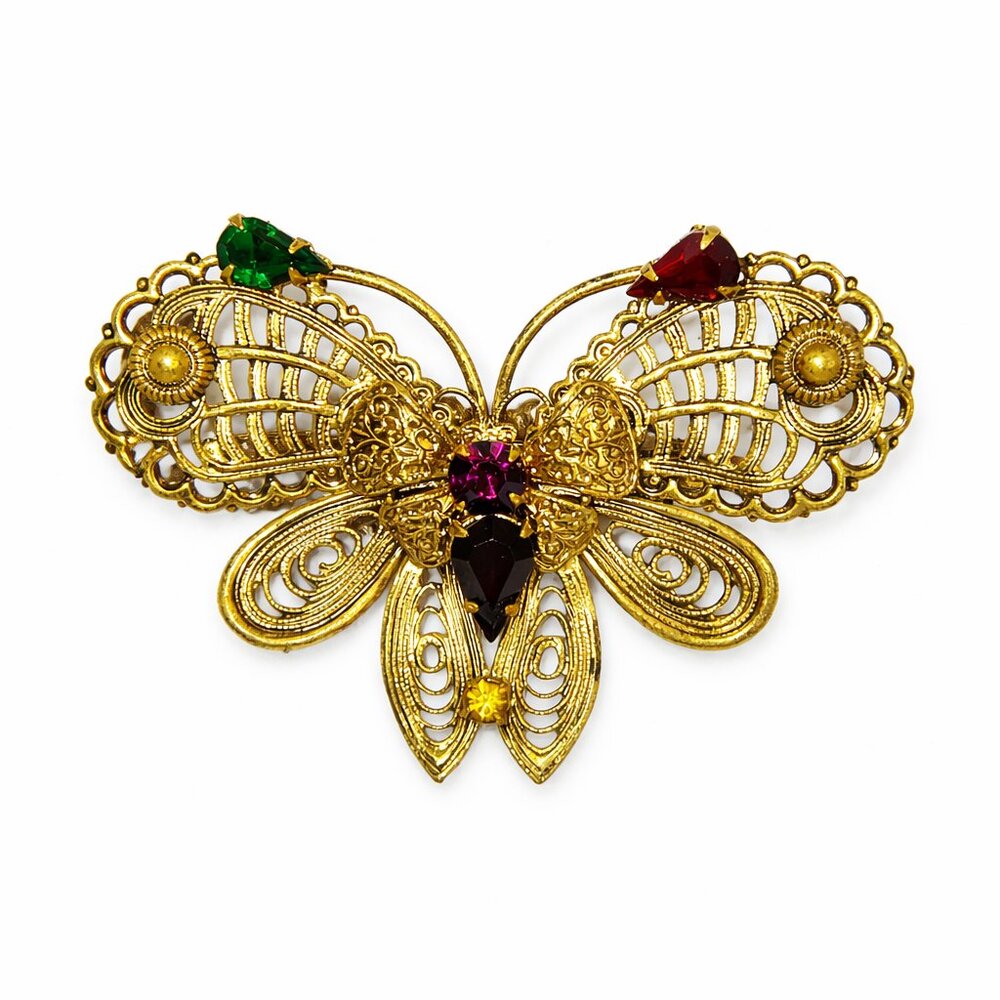 Vintage Gold Tone Filigree Butterfly Brooch Rhinestone Accent 2.25”